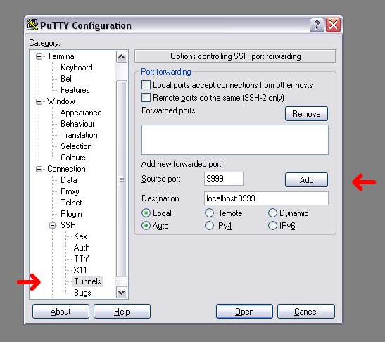 configuring port forwarding for PuTTy